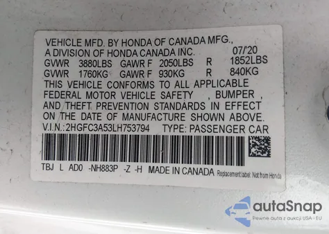 2020 Honda Civic Si Coupe from USA, damaged, VIN 2HGFC3A53LH753794